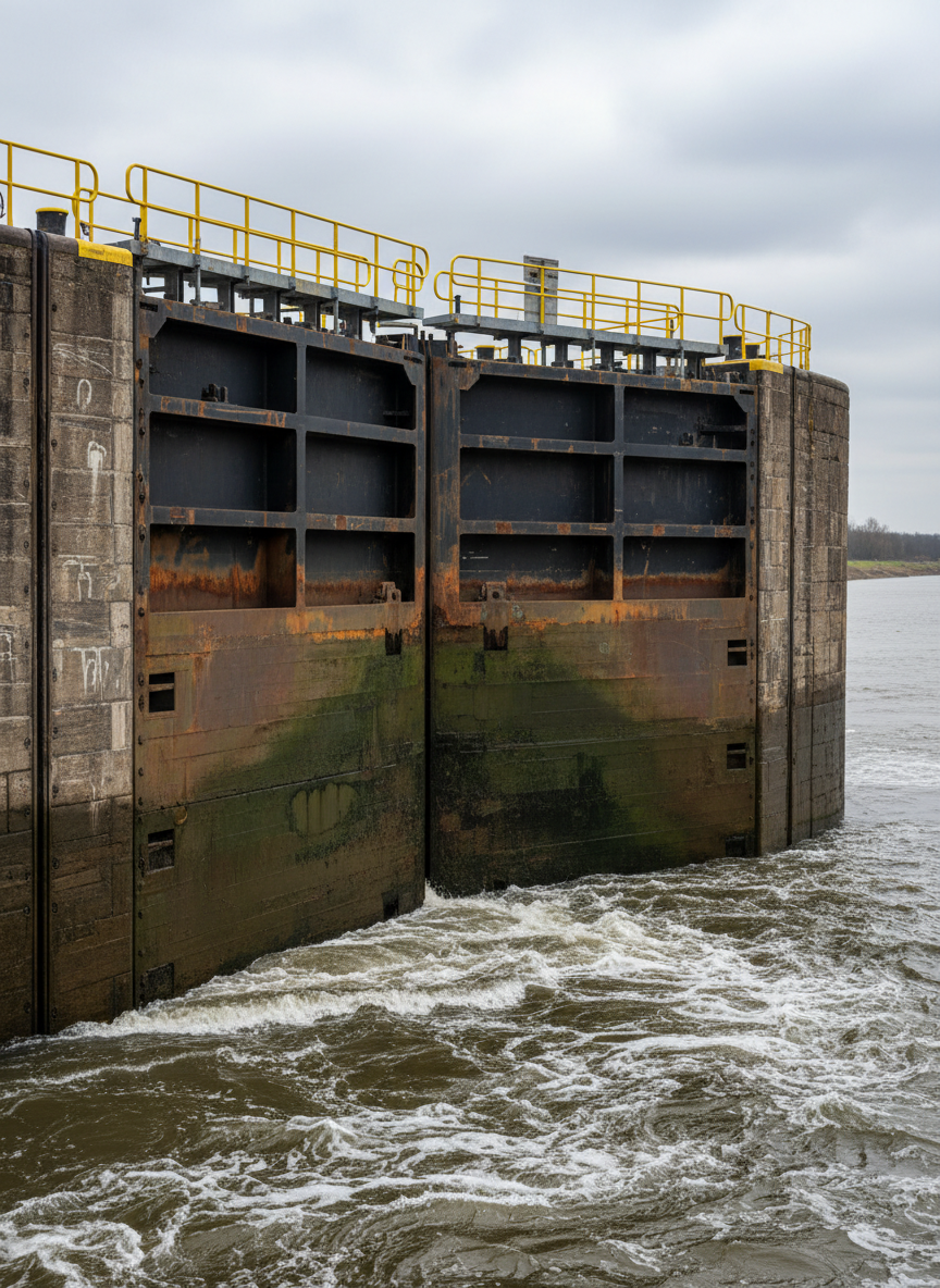 A close-up, photographic view of a heavy-duty inland shipping lock gate as water churns and swirls below. Massive dark steel doors, streaked with rust-orange patina and algae-green stains, frame the lower portion of the image. Yellow safety railings and neatly aligned bollards run along the lock wall, built from weathered concrete bearing marks of decades of passing vessels. Overcast daylight provides even, diffused lighting that accentuates texture in the metal and stone without harsh shadows. The mood is industrious and powerful, evoking respect for the scale of binnenvaart infrastructure. Shot from a slightly elevated side angle with strong depth of field, the composition leads the viewer’s eye along the lock toward the distant, softly blurred river beyond.