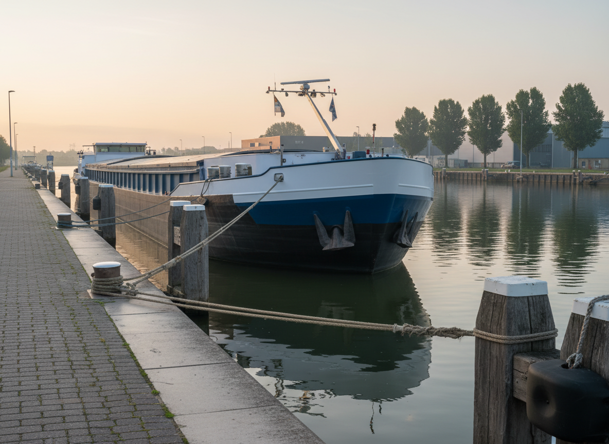 A broad, modern inland cargo vessel moored alongside a quiet European canal, its steel hull painted in deep blue and white with subtle weathering that shows years of reliable service. Heavy mooring lines stretch from polished bollards to sturdy shore posts on a clean, well-maintained quay with neatly coiled ropes and safety fenders. Soft early-morning light reflects off the calm water, creating shimmering patterns along the waterline. The mood is professional and focused, suggesting the start of a working day. Captured at eye level with photographic realism, the composition follows the rule of thirds, with the vessel dominating the frame and the distant riverbank and low industrial buildings gently blurred to create depth without distraction.