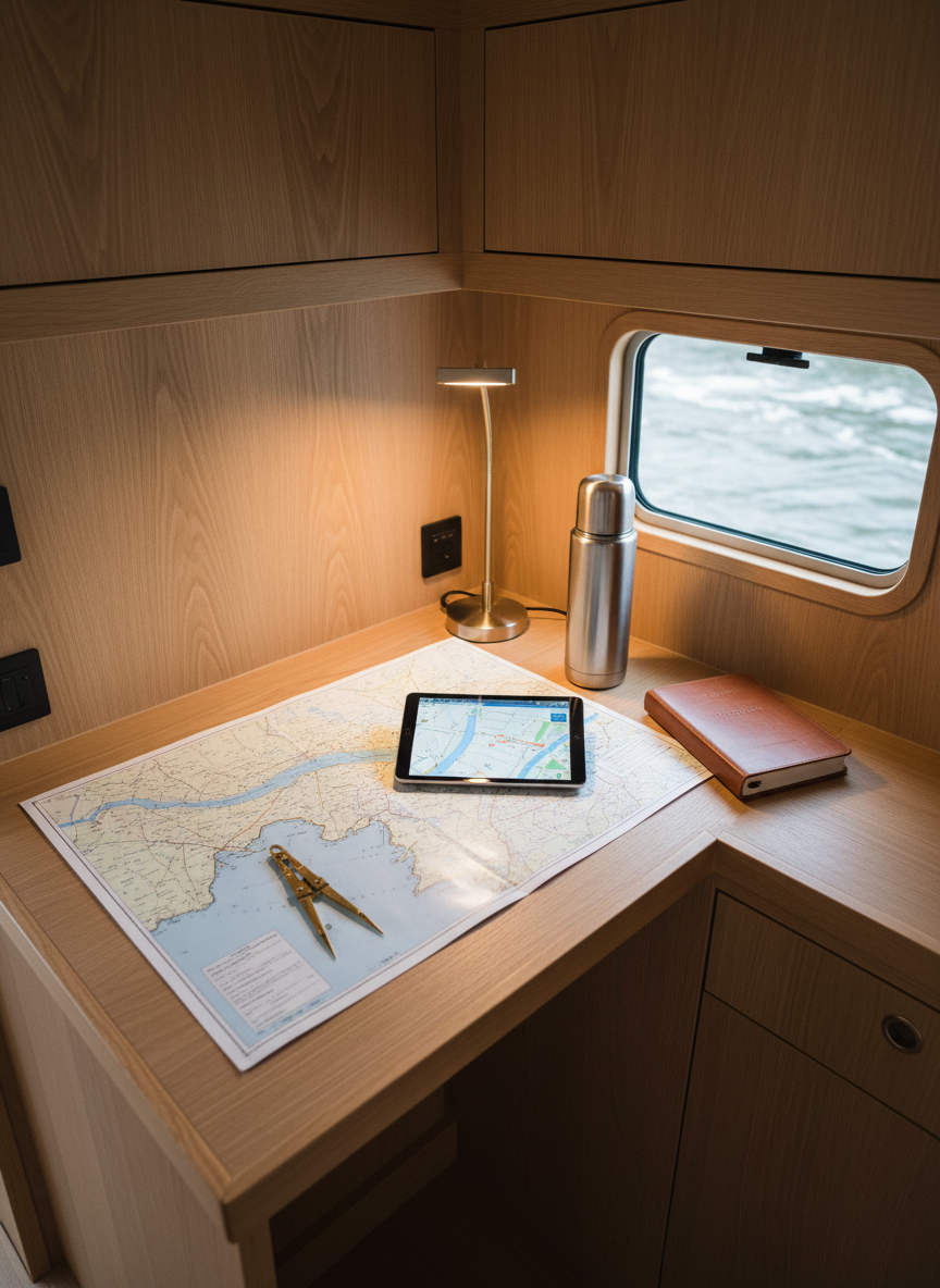 A compact, high-tech chart table corner inside an inland vessel’s living and planning area, styled in photographic realism. A large, unfolded inland waterway chart lies on a smooth, light-oak tabletop, weighted by a sleek brass divider and modern tablet displaying a digital map. Nearby, a stainless-steel thermos and a neatly closed logbook rest on the surface, alongside a small LED lamp casting a warm, focused pool of light. Outside the small rectangular porthole, the blurred hint of moving water and a distant riverbank can be seen. The surrounding built-in cabinetry is pale wood with clean lines, creating a functional yet homely atmosphere. Shot from a slightly elevated angle, the composition feels intimate, ordered, and highly professional, ideal for a binnenvaart planning context.