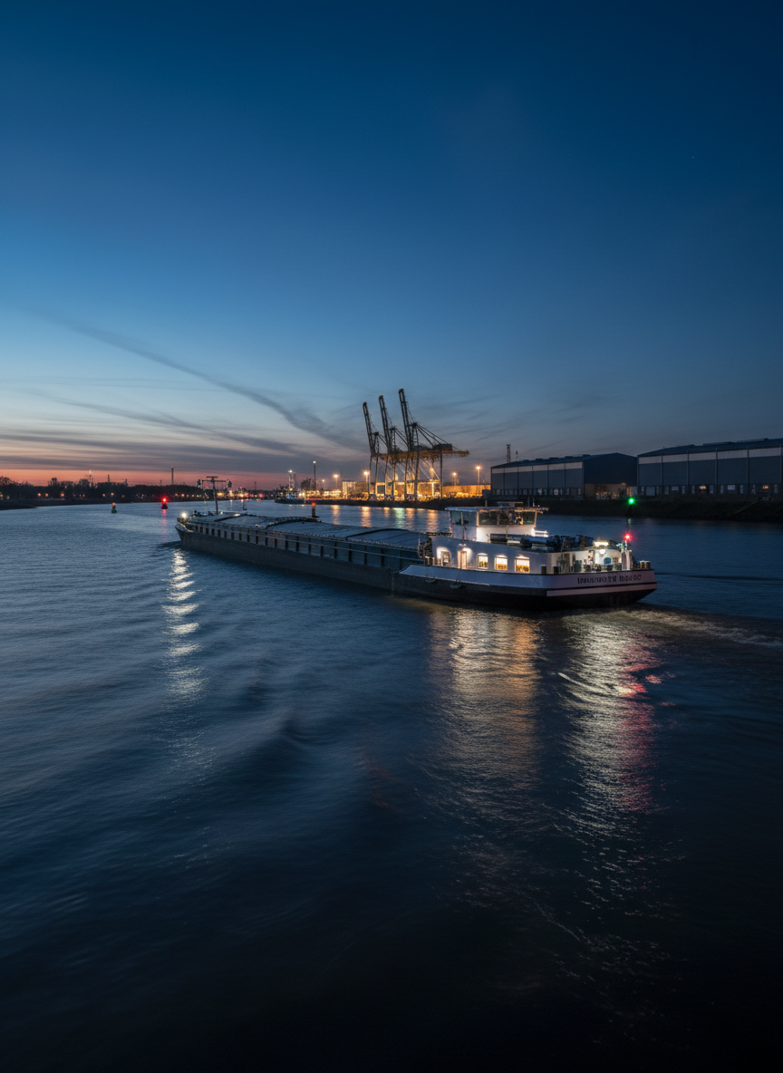 A serene, photographic nighttime scene of an inland cargo vessel navigating a wide river near a quiet industrial port. The ship’s deck lights and wheelhouse windows cast soft white and amber reflections across the dark, gently rippled water. On the shore, minimalistic silhouettes of cranes and warehouses line the horizon, accented by a few distant red and green navigation lights. The sky is a deep navy blue with faint cloud textures, illuminated by a subtle glow from the unseen city beyond. The mood is focused yet tranquil, conveying the continuous nature of binnenvaart work. Captured from a low riverside vantage point with a long exposure feel, the composition highlights light trails on the water and crisp detail on the vessel, reinforcing a modern, professional atmosphere.