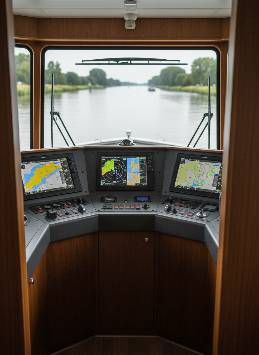 The wheelhouse interior of a contemporary inland barge, photographed from the doorway with sharp, documentary-style realism. A sleek, dark-grey console stretches across the image, packed with illuminated navigation screens, radar displays, and neatly labeled switches, all set against varnished wood paneling. A large, slightly curved windshield reveals a blurred view of a broad river ahead, with green banks on either side. Diffused daylight pours in, creating subtle reflections on the glass surfaces and casting gentle shadows beneath the instruments. The atmosphere feels calm, controlled, and highly professional. The composition centers the helm station, using a slightly elevated angle to show the full layout of controls, emphasizing the sophistication and safety of modern binnenvaart operations without any human presence.