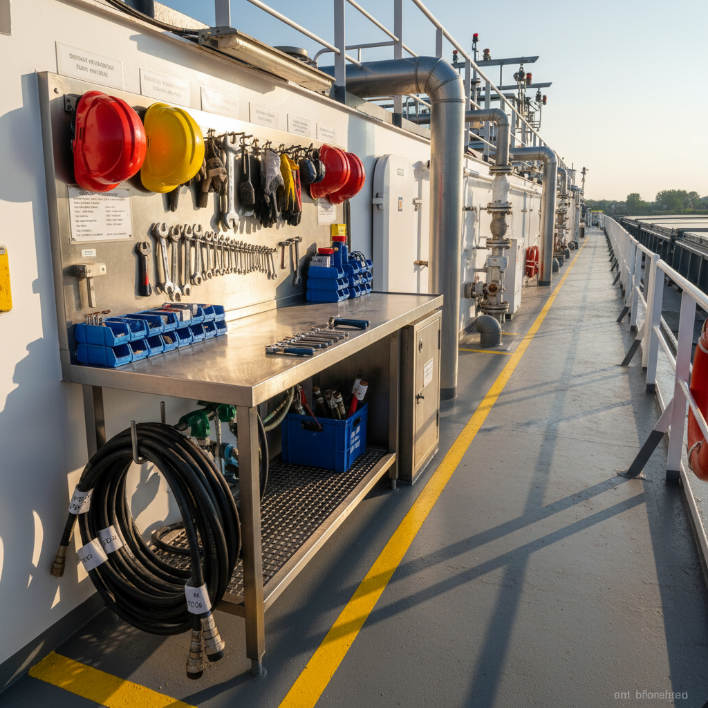 An organized workstation on the aft deck of an inland tanker, meticulously arranged for maintenance. The scene shows a sturdy stainless-steel workbench bolted to the deck, covered with neatly aligned tools, coiled hoses, and labeled safety gear in bright red and yellow. The deck itself is painted non-slip grey with clearly marked walkways and railings, all perfectly clean and well cared for. Late-afternoon sunlight casts a warm glow across the metal surfaces, creating crisp, elongated shadows that suggest ongoing work. The atmosphere is disciplined and competent. Shot at a slightly low angle with photographic realism, the composition emphasizes lines of railings and piping receding into the background, giving a strong sense of order and professionalism in binnenvaart operations.