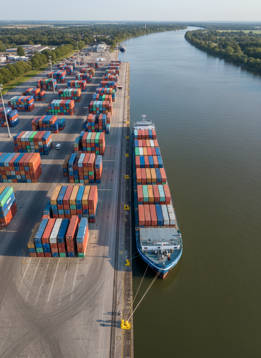 An overhead, photographic view of an inland container terminal dedicated to river shipping. Neatly stacked multicolored containers form geometric patterns along a concrete quay, each block sharply defined. A wide, calm river flows alongside, where a long, low-profile inland container vessel is moored parallel to the shore, secured with taut mooring lines and surrounded by bright safety bollards. Late-morning sunlight creates distinct yet soft shadows, accentuating the organized layout without harsh contrast. The mood is efficient and businesslike, emphasizing logistics and structure. The composition uses a bird’s-eye perspective to show the full relationship between vessel, quay, and containers, providing clarity and a sense of scale that underscores the strategic role of binnenvaart in professional freight transport.
